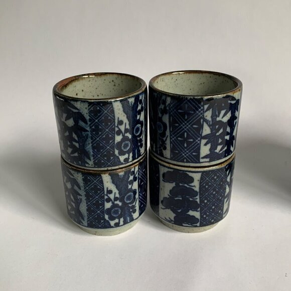 Takahashi Japan Vintage Gray Speckled Blue Bamboo Print Teapot 4 Cups Set - Picture 5 of 12